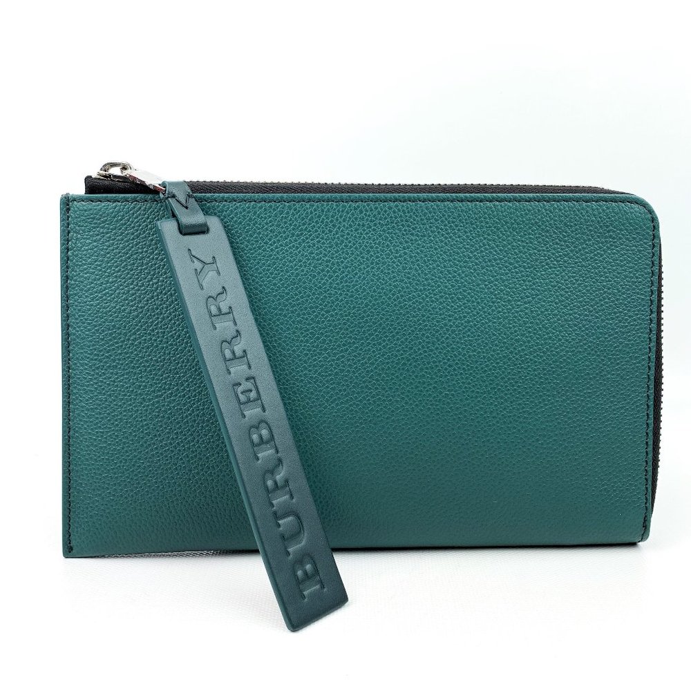 Green Pebbled Leather Zip Pouch Bag Clutch